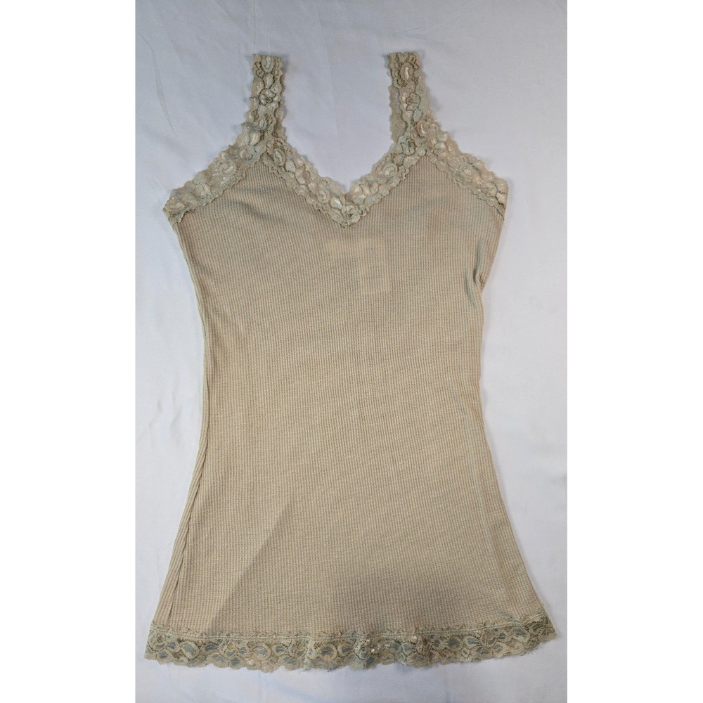 Beige Lace Trim Camisole Sz M 7/9 Waffle Knit Tank Spaghetti Strap Layering Y2K
